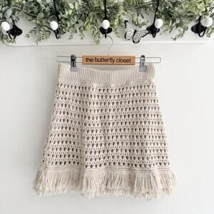 Farm Rio Oatmeal Crochet Fringe Boho Mini Skirt JE